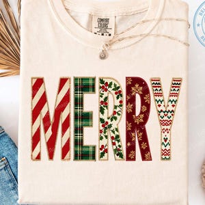 Merry PNG, Patchwork Style Striped Plaid Christmas Letters Design, Holly Snowflake Heart Textile PNG, Sublimation, Digital File