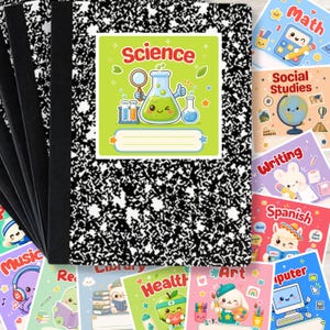 May include: A black and white composition notebook with a lime green label featuring a cartoon science beaker, a magnifying glass, and the text Science. Surrounding the notebook are various subject labels including Math, Social Studies, Writing, Spanish, Music, Library, Health, Art, and Computer, each with colourful cartoon illustrations.