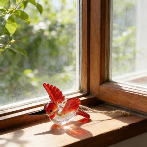 Op de afbeelding: Een glazen kolibrie figuur met rode vleugels en kop, geplaatst op een houten vensterbank. De vogel heeft een zwarte snavel en is bevestigd aan een touwtje. Decoratief item voor in huis.