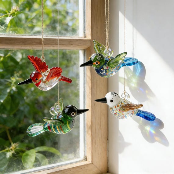 Hand Blown Glass Bird Ornament, Colorful Glass Bird Suncatcher