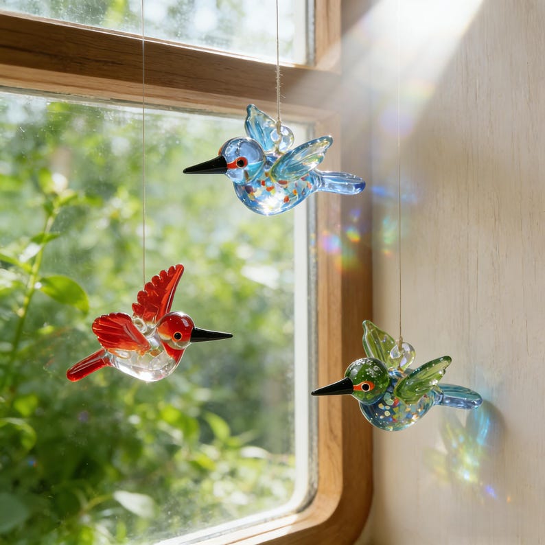 Op de afbeelding: Drie glazen kolibrie-ornamenten in blauw, rood en groen hangen voor een raam. Elke vogel heeft een lange zwarte snavel en is opgehangen aan een dun touwtje. De vleugels zijn gespreid in vlucht.