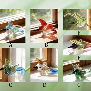 Op de afbeelding: Een verzameling glazen kolibrie-ornamenten in verschillende kleuren. Elke vogel heeft een lange snavel en uitgespreide vleugels, met details in blauw, rood, groen en geel. Sommige zijn opgehangen met touw.