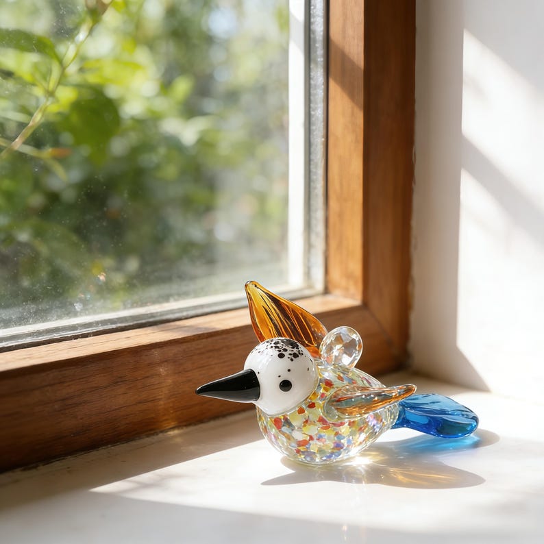 Op de afbeelding: Een kleurrijk glazen vogelbeeldje met een witte kop met zwarte stippen, een zwarte snavel en een blauwe staart. De vleugels zijn amberkleurig en helder. Het lichaam is een mix van geel, rood en blauw. Dichtbij een houten raamkozijn.