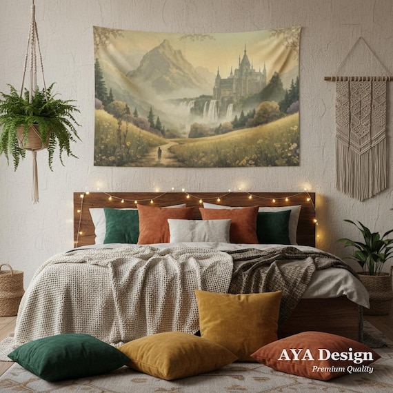 Fantasy Castle Tapestry, Vintage Landscape Wall Hanging, Dark Academia, Fairycore, Gamer Room (60x40)