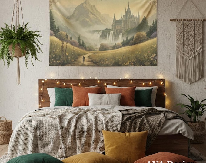 Fantasy Castle Tapestry, Vintage Landscape Wall Hanging, Dark Academia, Fairycore, Gamer Room (60x40)