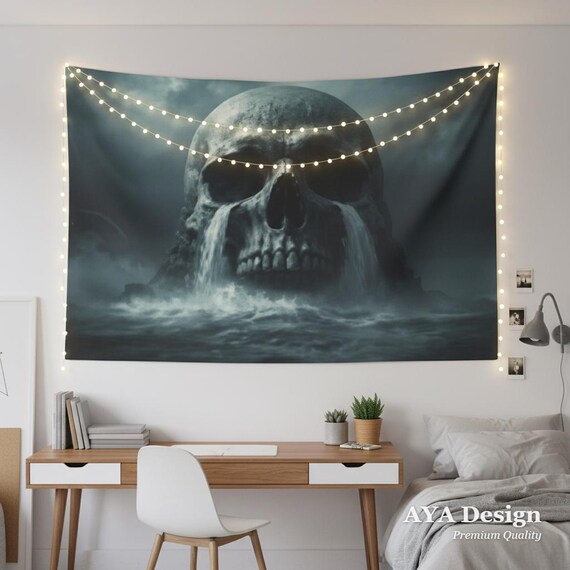 Gothic Skull Island Tapestry | Dark Fantasy Ocean Wall Art | Macabre Pirate Decor (90x60)