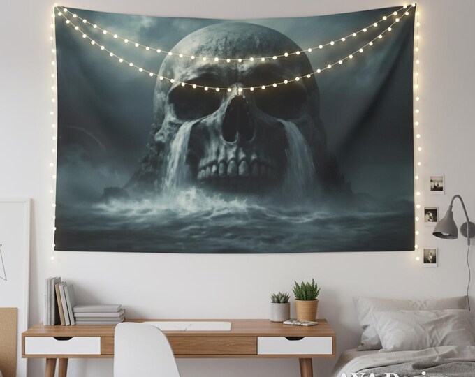 Gothic Skull Island Tapestry | Dark Fantasy Ocean Wall Art | Macabre Pirate Decor (90x60)
