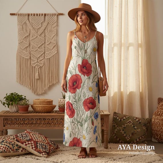 Botanical Wildflower Maxi Dress, Red Poppy Floral Boho Summer Gown