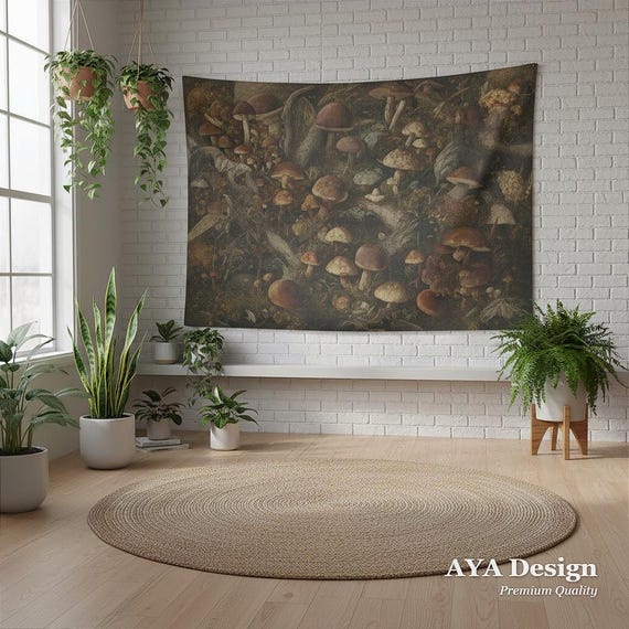 Dark Academia Mushroom Tapestry - Vintage Botanical Fungi Wall Hanging Moody Decor