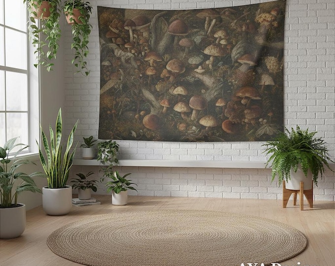 Dark Academia Mushroom Tapestry - Vintage Botanical Fungi Wall Hanging Moody Decor
