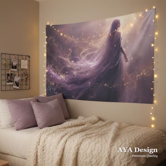 Ethereal Goddess Tapestry, Celestial Anime Art Nouveau Wall Hanging, Nebula Decor