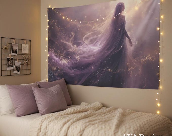 Ethereal Goddess Tapestry, Celestial Anime Art Nouveau Wall Hanging, Nebula Decor