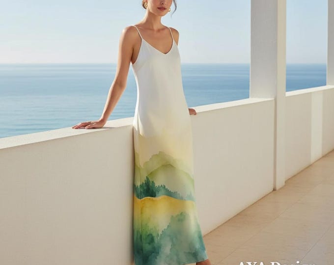 Watercolor Mountain Maxi Dress | Boho Nature Landscape Sundress