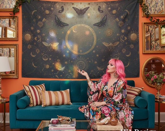 Celestial Moth Tapestry | Dark Academia, Witchy Boho Room Decor (60x40)