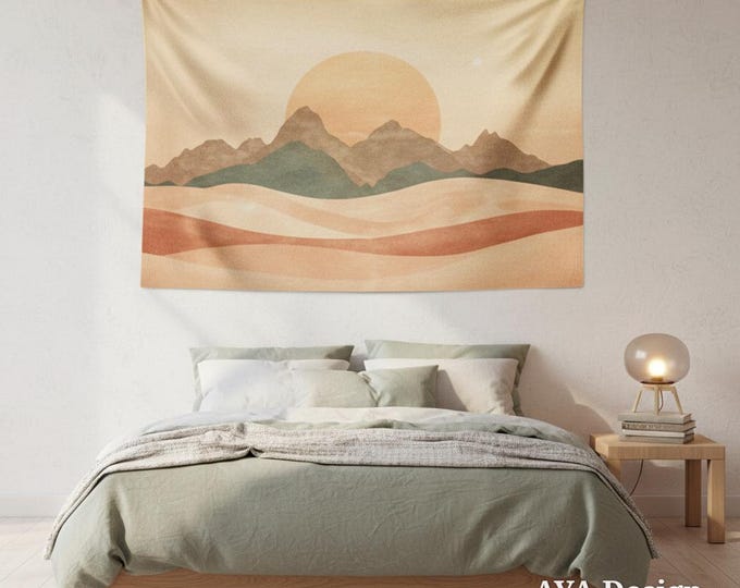 Boho Desert Landscape Tapestry, Mid Century Modern Sunset Mountain Wall Art