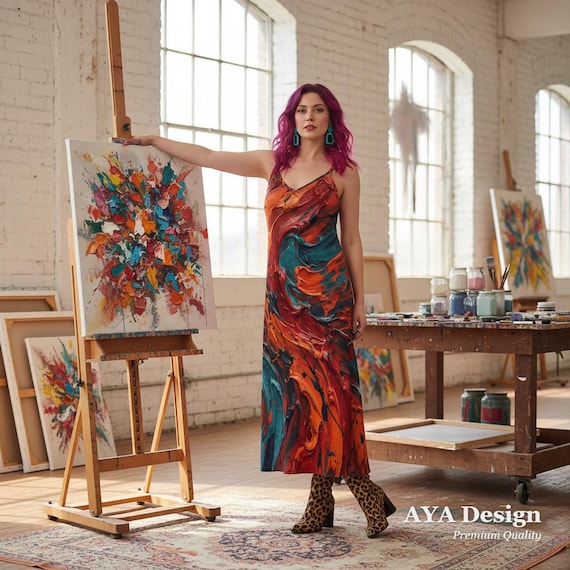 Abstract Maxi Dress | Bold Red Teal Painterly Print Slip Dress, Boho Artist Outfit