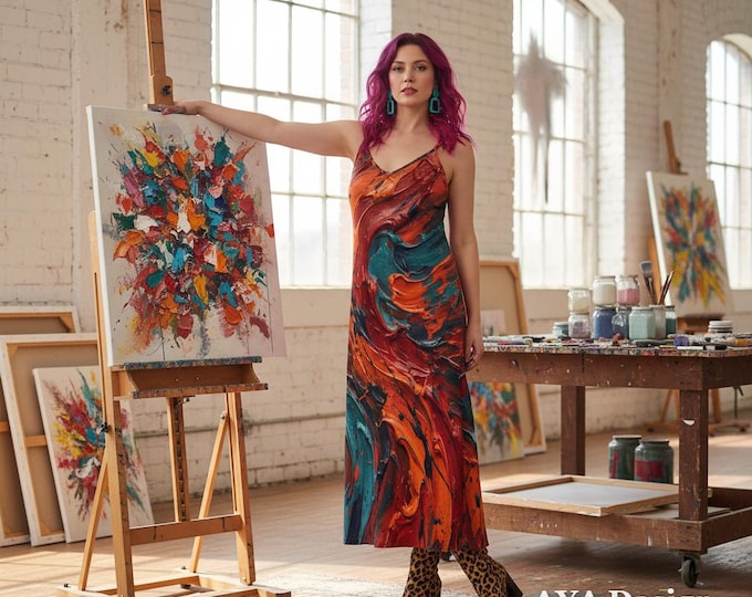 Abstract Maxi Dress | Bold Red Teal Painterly Print Slip Dress, Boho Artist Outfit