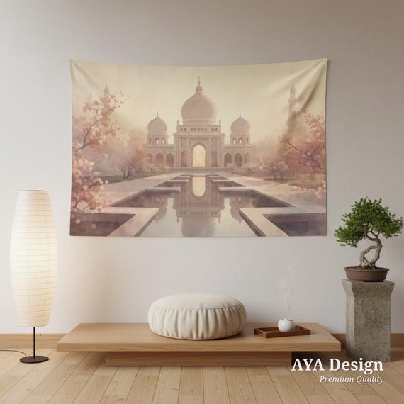 Dreamy Taj Mahal Tapestry, Pastel Pink Palace Wall Art, Romantic Cherry Blossom Decor