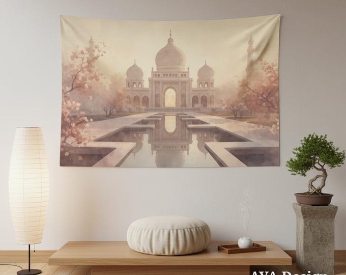 Dreamy Taj Mahal Tapestry, Pastel Pink Palace Wall Art, Romantic Cherry Blossom Decor