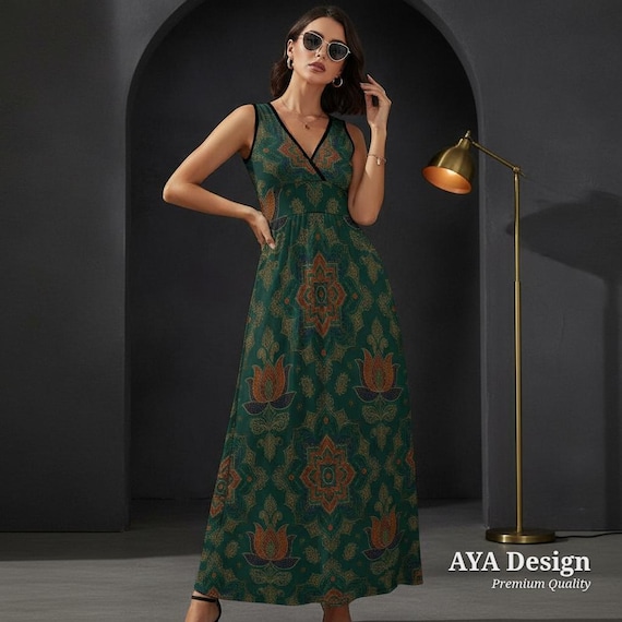 Emerald Green Boho Maxi Dress Moroccan Mandala Print Sundress, V-Neck Resort Wear Gift