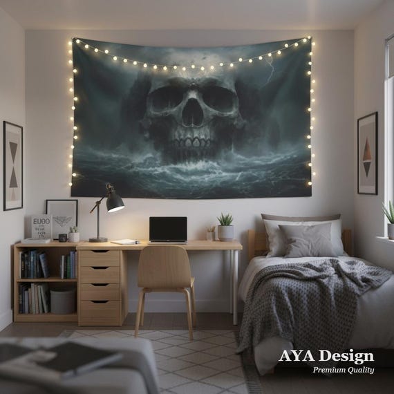 Giant Skull Tapestry | Dark Fantasy Pirate Ocean Wall Hanging (90x60)