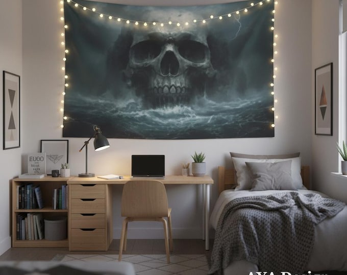 Giant Skull Tapestry | Dark Fantasy Pirate Ocean Wall Hanging (90x60)