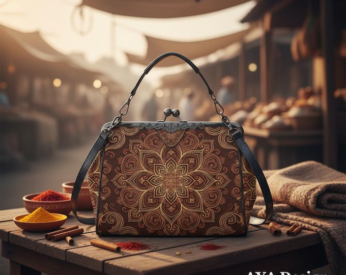 Vintage Boho Mandala Kisslock Bag | Faux Leather Top Handle Purse
