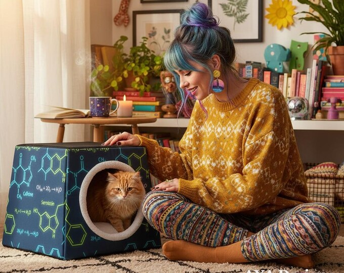 Science Molecule Cat Cave Bed | Chemistry Pet House, Serotonin Print Hideaway
