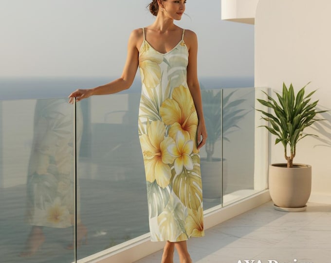 Yellow Tropical Floral Maxi Dress, Hawaiian Hibiscus V-Neck Slip, Beach Resort Wear