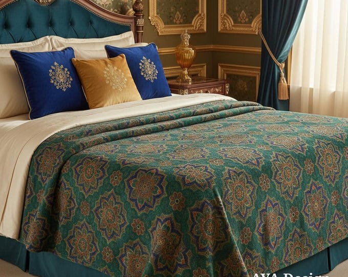 Emerald Green Mughal Floral Throw Blanket | Jewel Tone Mandala Fleece Couch Bedspread