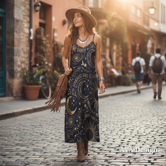 Celestial Maxi SunDress, Sun Moon Boho Summer Sundress, Astrology Festival Gown
