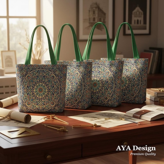 Boho Moroccan Tile Tote Bags | Geometric Mandala Canvas Shopper Set of 4
