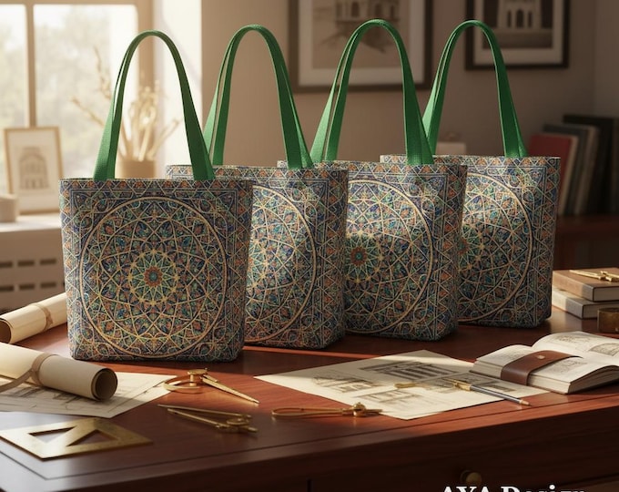 Boho Moroccan Tile Tote Bags | Geometric Mandala Canvas Shopper Set of 4