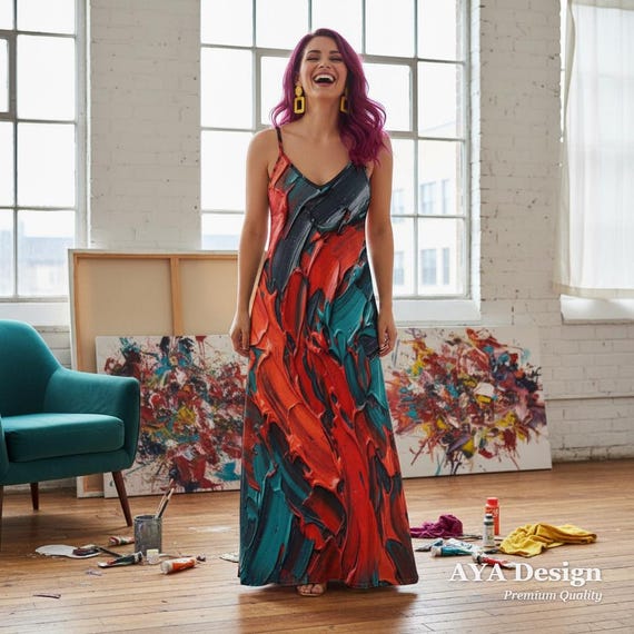 Abstract Art Maxi Dress, Bold Red Teal Painterly Print Sling Dress