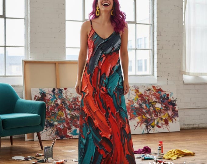 Abstract Art Maxi Dress, Bold Red Teal Painterly Print Sling Dress