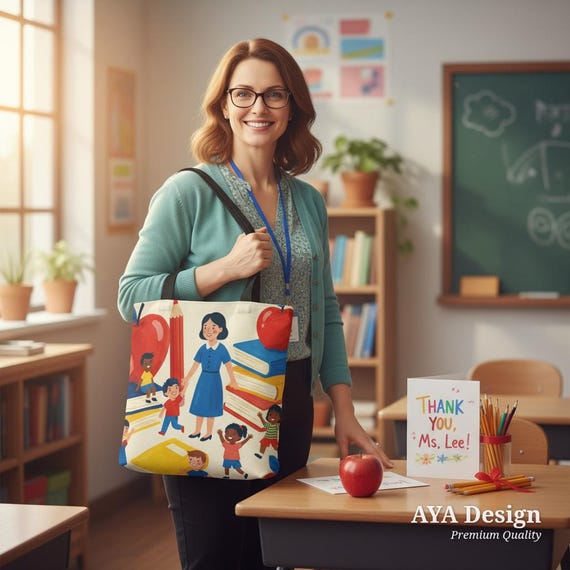 Teacher Tote Bag, Storybook Illustration, Apples, Books, School Gift