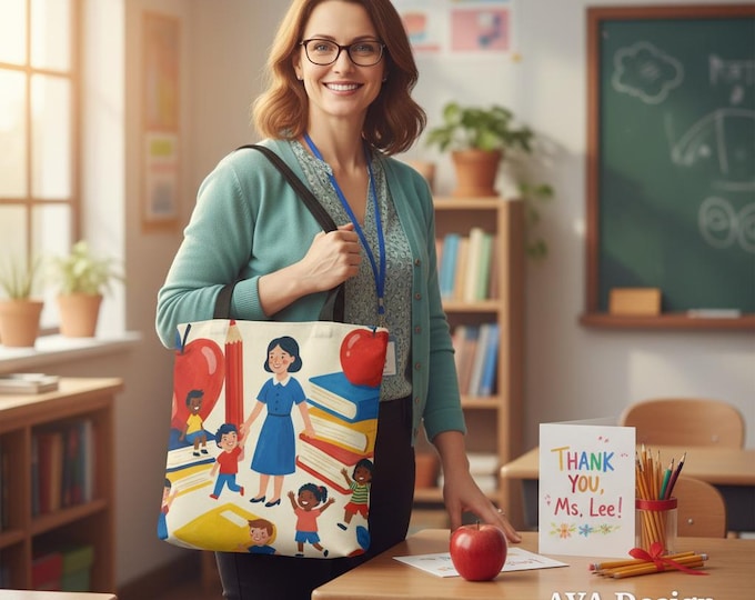 Teacher Tote Bag, Storybook Illustration, Apples, Books, School Gift