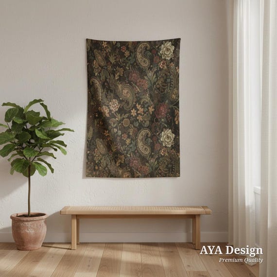 Moody Floral Tapestry, Dark Academia Botanical Wall Hanging, Vintage Paisley Print