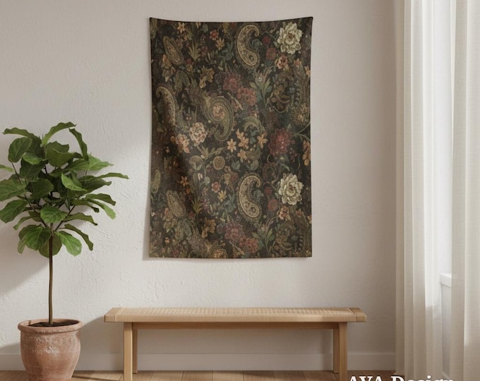 Moody Floral Tapestry, Dark Academia Botanical Wall Hanging, Vintage Paisley Print