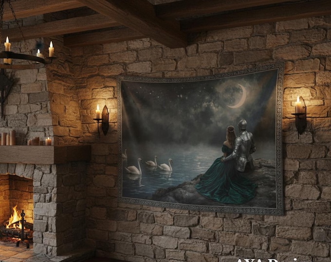 Dark Academia Tapestry – Knight Princess, Swan Lake Moonlit Scene, Reading Nook Decor