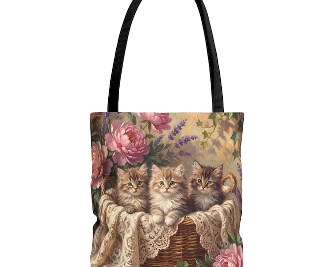 Nostalgia Cottage Kittens Tote Bag | Elegant Cat Art, Floral Basket