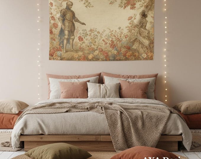 Medieval Knight Lady Rose Garden Tapestry, Romantic Chivalry Dark Academia Wall Decor