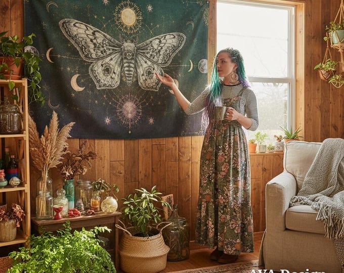 Celestial Moth Tapestry, Moon Phase Wall Art, Witchy Boho Decor, Dark Academia Hanging