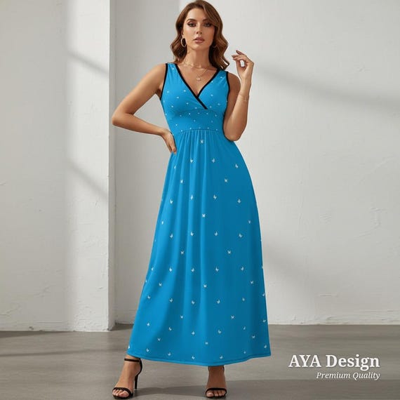 Blue Butterfly Maxi Dress | V-Neck Empire Waist Flowy Beach Sundress