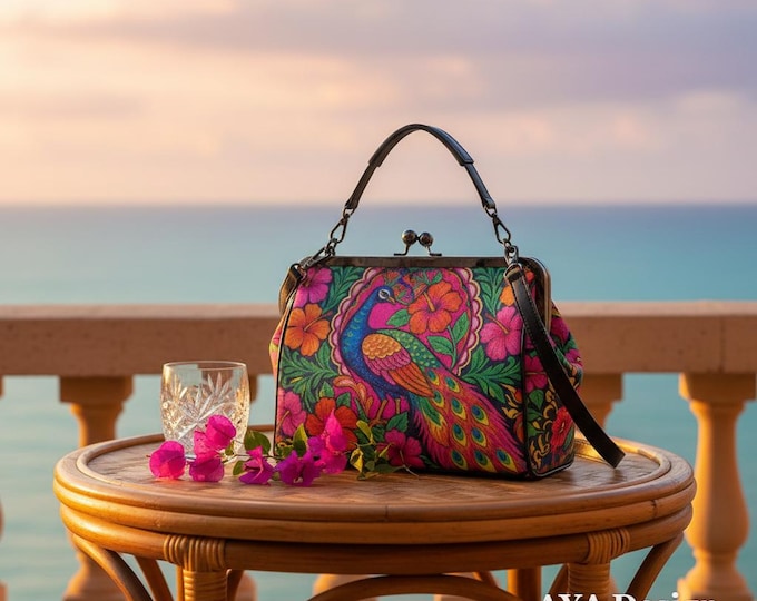 Vibrant Peacock Floral Kisslock Crossbody Bag | Boho Purse | Vintage Art Style Statement Handbag