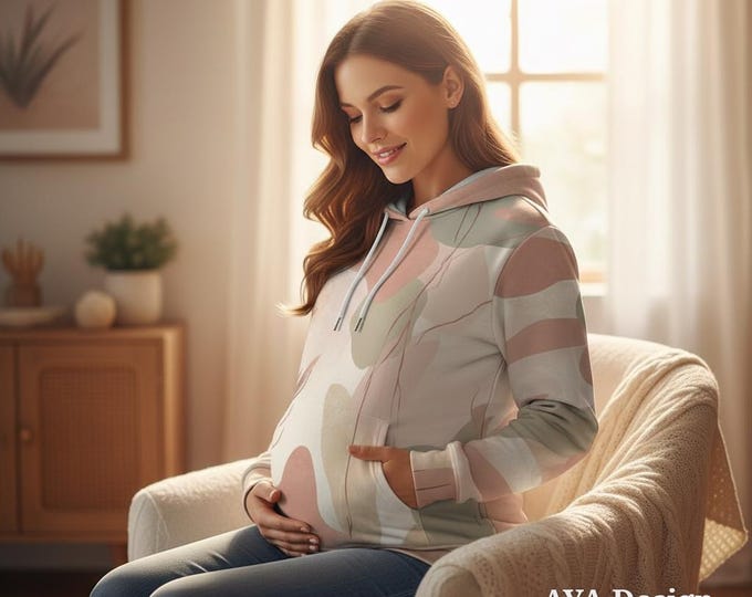 Boho Maternity Hoodie | Pastel Abstract Print Sweatshirt, Stretchy Loungewear