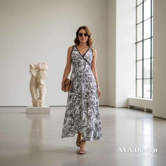 Black White Floral Maxi Dress | Sleeveless V-Neck Stretchy Resort Wear Sundress