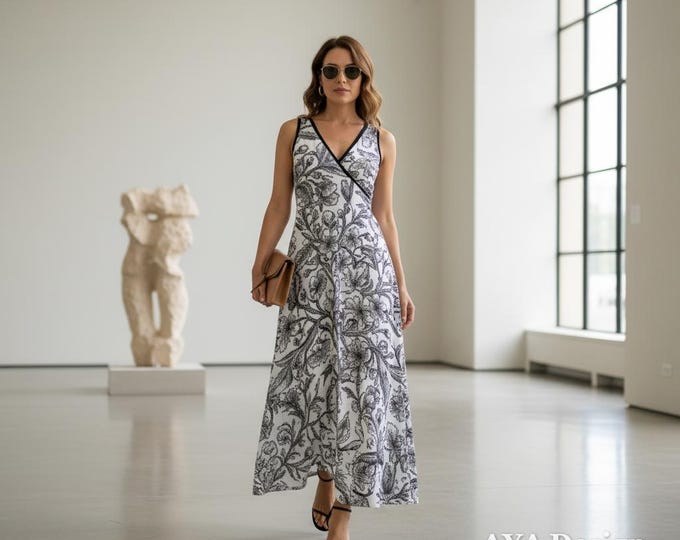 Black White Floral Maxi Dress | Sleeveless V-Neck Stretchy Resort Wear Sundress