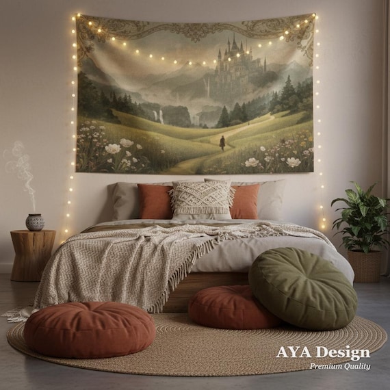 Fantasy Castle Tapestry, Fellowship Journey Wall Hanging, Fairycore Landscape Art, Bookish Gamer Decor
