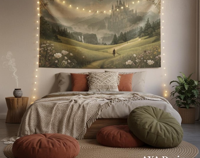 Fantasy Castle Tapestry, Fellowship Journey Wall Hanging, Fairycore Landscape Art, Bookish Gamer Decor
